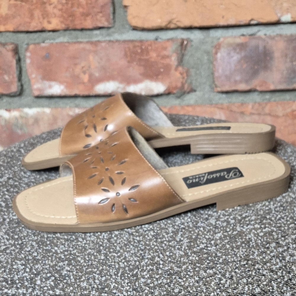 Passofino Brazil Genuine Leather Slide Sandals Size 8 Tan Cutout Summer Minimal